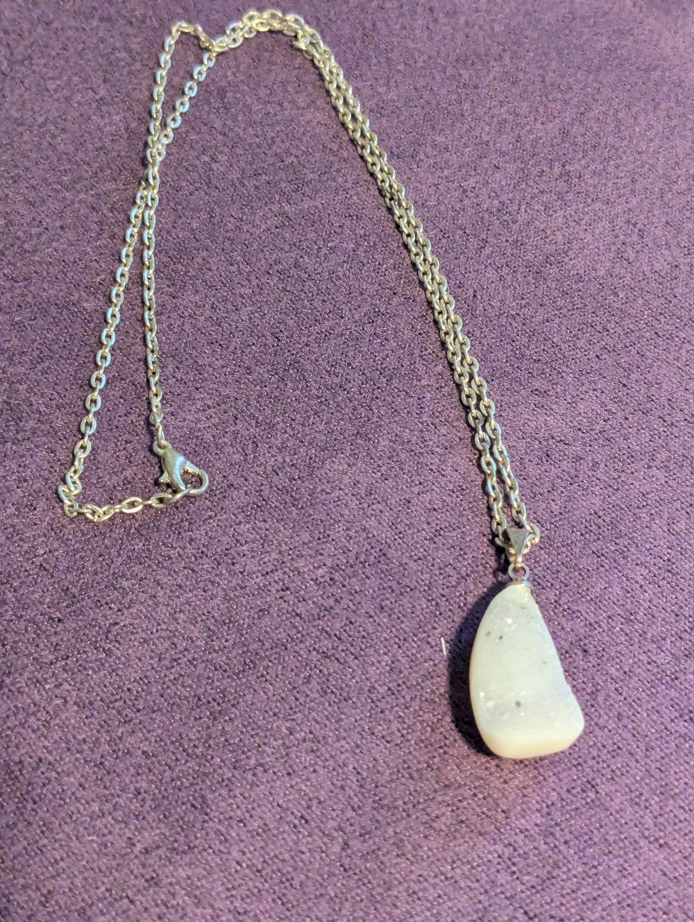 Silver Chain Necklace with White Druzy Pendant